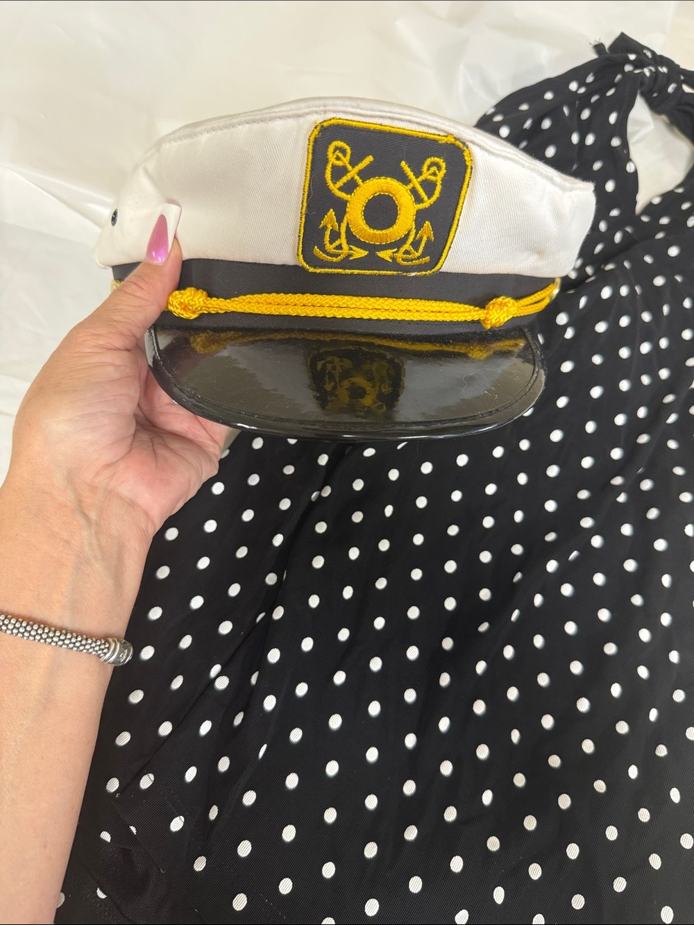 White and Black Nautical Captain Hat with Yellow Trim